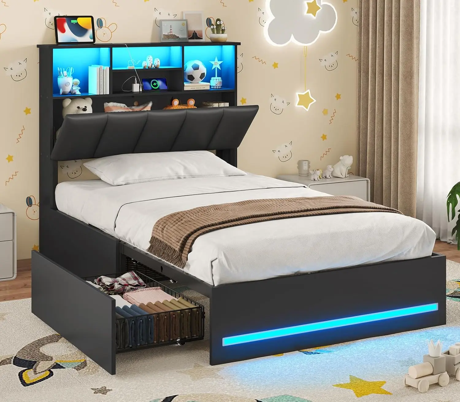 VIAGDO Black Twin Bed Frame with Bedroom Furniture Headboard - Type-C & USB Ports, LED Lights, 4 Storage Drawers, 800lbs Capacity, Remote Control Modes, No Box Spring Needed, Low Profile, FSC-Certified Wood, MDF+Metal, Requires Setup, Apartment Furniture