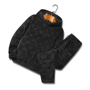 Men's 2-Piece Fitted Plaid Print Embroidered Overall Matching Casual Fashion Set, Soft Fleece Long Sleeve Hoodie & Pajama Pants, Comfortable Outfits for Loungewear Sleepwear
