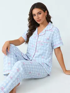 Girly Sweet Blue Gingham Bow Pajama Set for Women, Casual Pajamas, Button Down Short Sleeve Long Pants, Spring Summer Casual Cozy Loungewear, Bow Print, Gentle Sweet Homewear