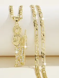 Stylish Saint Jude Christian Pendant Necklace, Elegant Synthetic Zircon Copper Gold Plated Jewelry, 24 Inch Flat Chain, Daily Wear, Gift, Jewelry Accessory