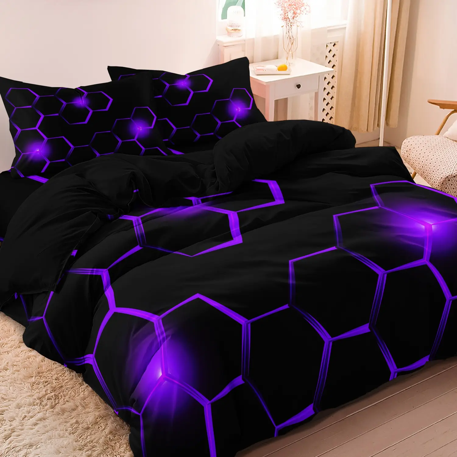 3Pcs Purple Geometric Honeycomb Pattern 3D Printed Cover Set Comfy Bed Sets Supplies - Soft Comfortable Modern Bedding Set For Bedroom, Guest Room - 1*Duvet Cover + 2*Pillowcases (No Comforter)