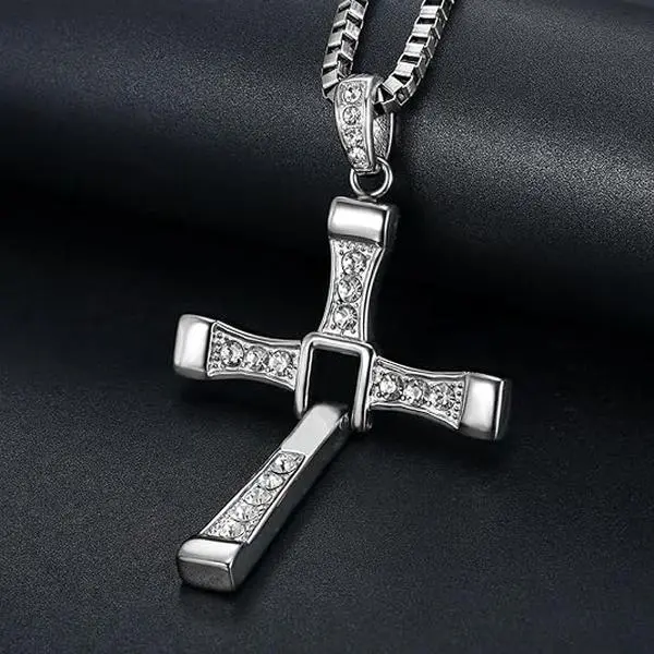 Toretto Cross Pendant, Stainless Steel Necklaces for Women and Men, Biker Style Movie Inspired Jewelry Gift with Glossy Finish, Cross Chain Design