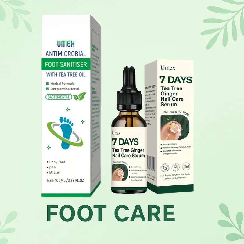 Nail & Foot Care Set: 100ml Tea Tree Foot Spray + 100ml Ginger Fungus Solution Serum Combo - Dermatologist-Validated, Gentle, Smooth, Sensitive Skin-Friendly, Antibacterial, Lightweight Fast-Absorbing, Botanical Extracts Repair, Daily Use