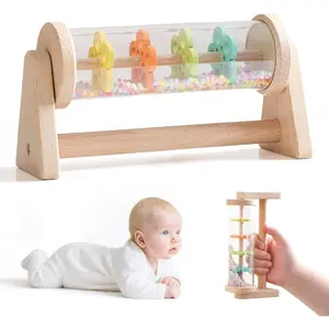 Rain Stick Toy with Stand - Sensory Sound Training Tool for Kids, Tummy Time Musical Instrument for Infant Development | Rainmaker with Wooden Base, Clear Tube, Colored Flower Discs and Beads