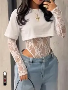 Women's Floral Lace Bodysuit, Crew Neck Crop Top, Sexy Patchwork Design, Long Sleeve Fitted Pullover, Perfect for Night Out