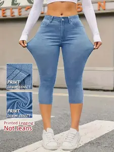 Women's Printed Tight-Fitting Pants, Non-Denim Fabric, Fashionable Fake Pockets & Buttons Design, Ideal for Casual Wear