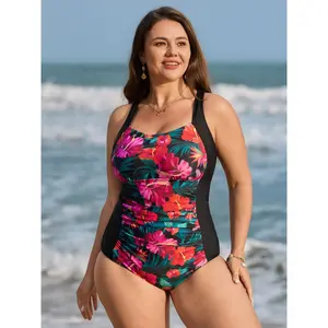 【Tummy Control】BLOOMCHIC Plus Size Tropical Floral Print Colorblock One-Piece Swimsuit [M-6X] Plus Size Swimsuits, Tummy Flattering Clothes 2026 Summer Vibes Swimweek