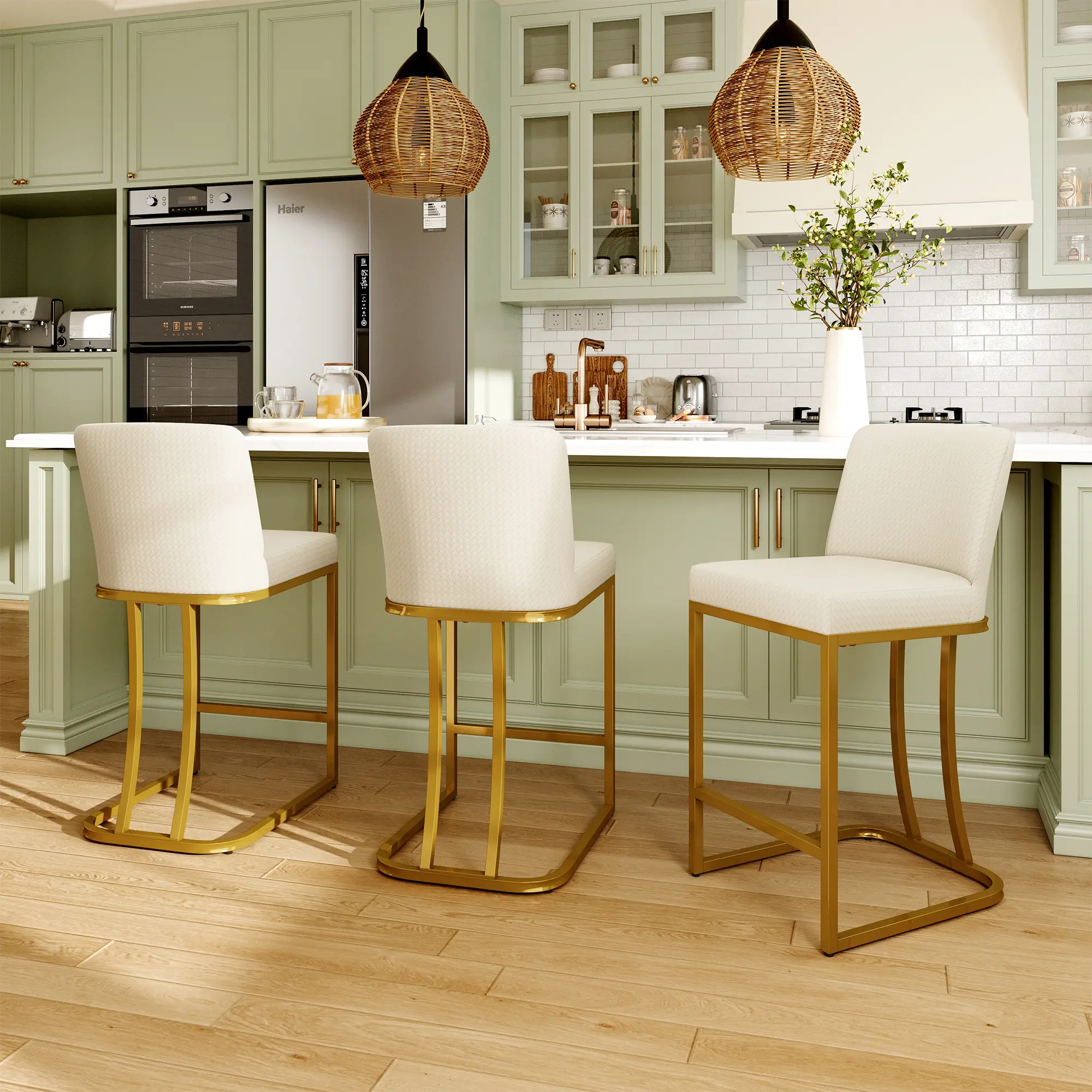 PHI VILLA Modern 24 inch Bar Stools, Leather Counter Barstools with Back, Kitchen Island Chairs, Counter Height Bar stools
