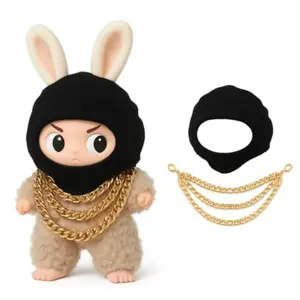 Clothes for LABUBU 17cm Doll (NO Doll), Outfit for LABUBU, Black Head Cover, Three-Layer Gold Necklace, Doll Clothing Set - Funny Outfits & Accessories for Unique Style
