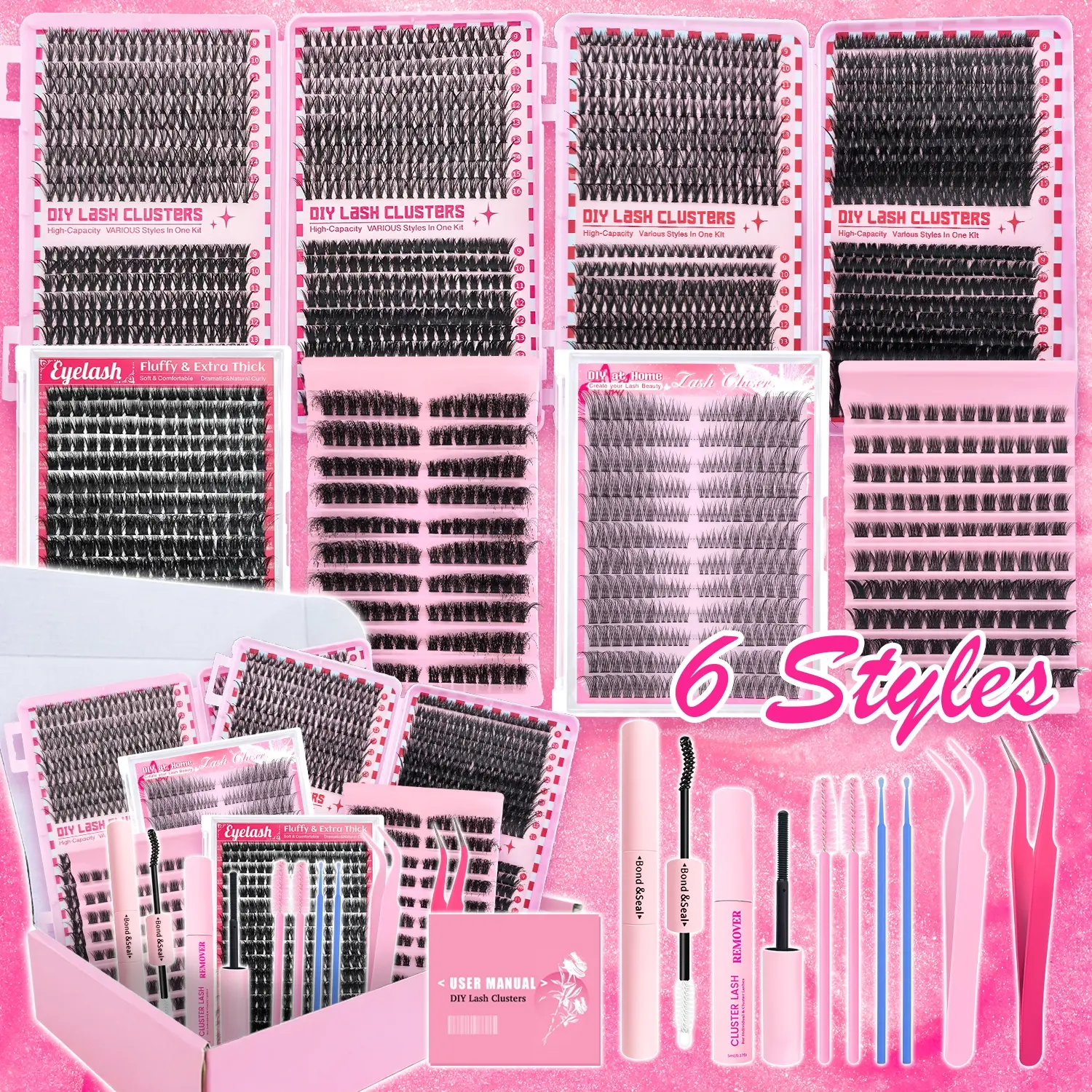 6 Styles Mega/Ultra/Dramatic Volume Lash Clusters Kit, Waterproof Lashes Clusters Extensions, Volumized Fake Eyelashes, DIY Eyelash Extensions for Beginners & Pros, Easy DIY at Home, Soft Comfortable Easy Apply Natural Look, False Eyelashes Set