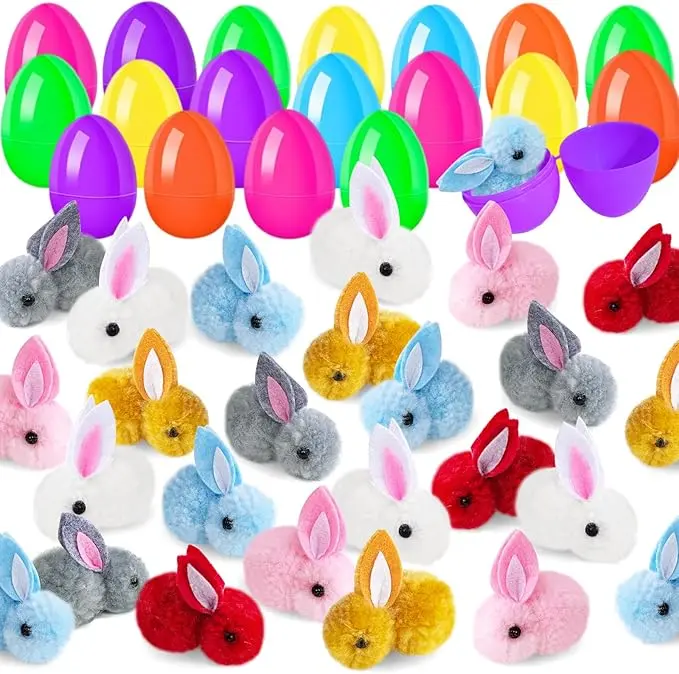 Summer Spring Gift 30 Pack Easter Eggs Fillers with Easter Bunny Plush,Easter Basket Stuffers Mini Colorful Bunny,Mini Stuffed Animal for Kids Toddler Teens Boys Girls