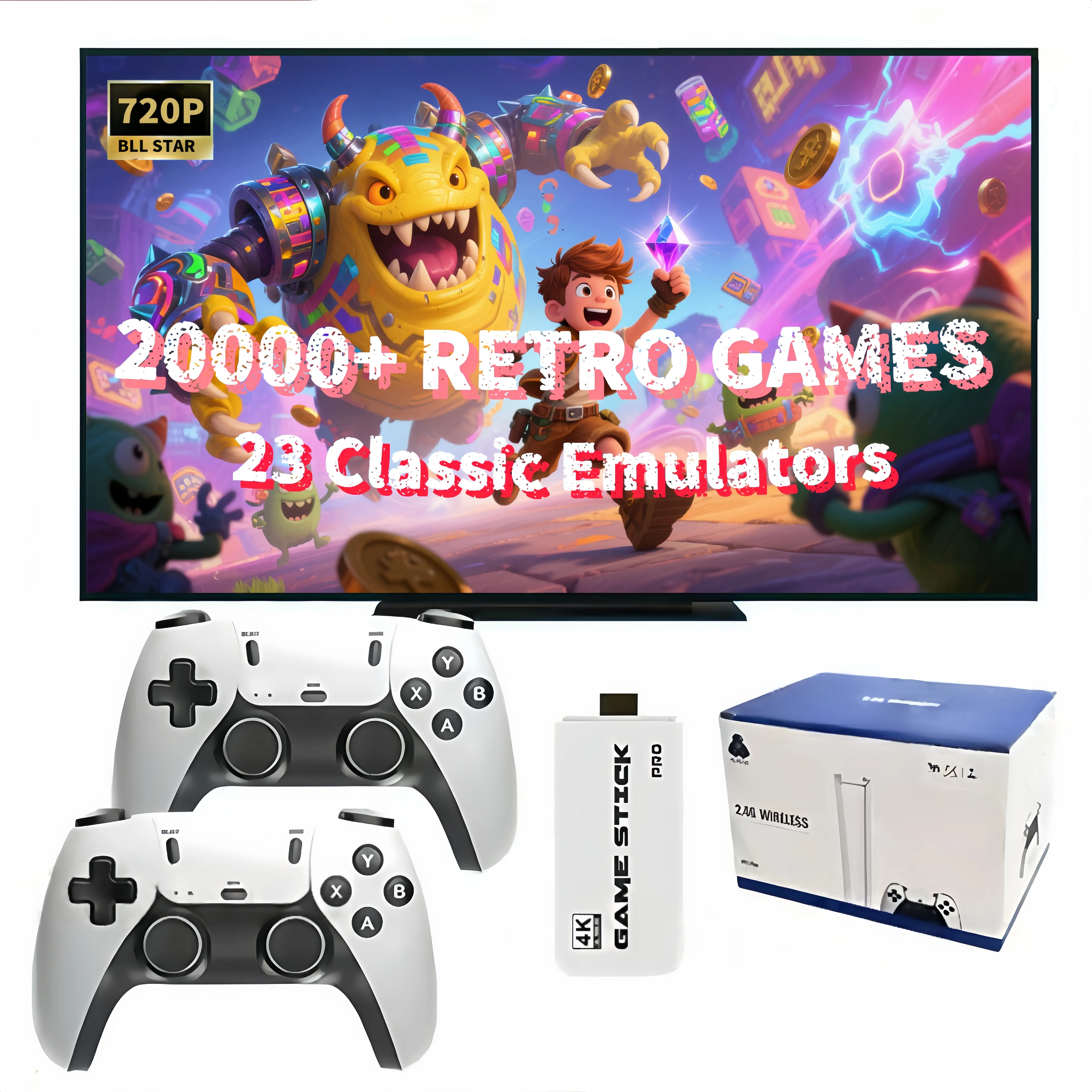 2025 Retro Game Stick with 20,000+ Games,Wireless HDMI Output, Plug and Play, Support Including 23 Emulators& 2.4G Gaming Console ,Outdoorfun Cable co