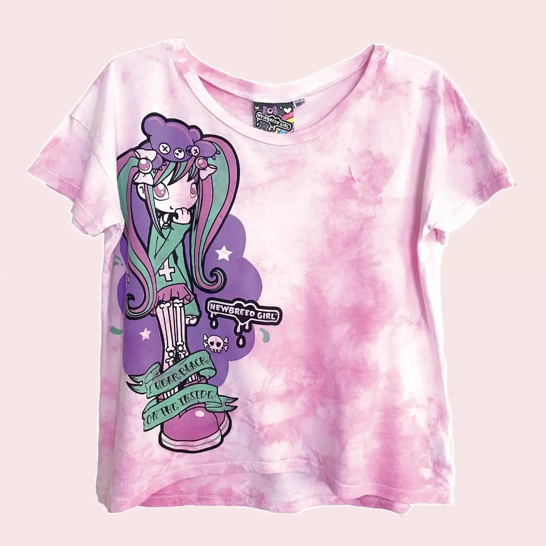 NewBreed Girl x Violetta Skye: I WEAR BLACK ON THE INSIDE Pastel Goth Tie-Dye Oversize Crop T Shirt Cotton Pink