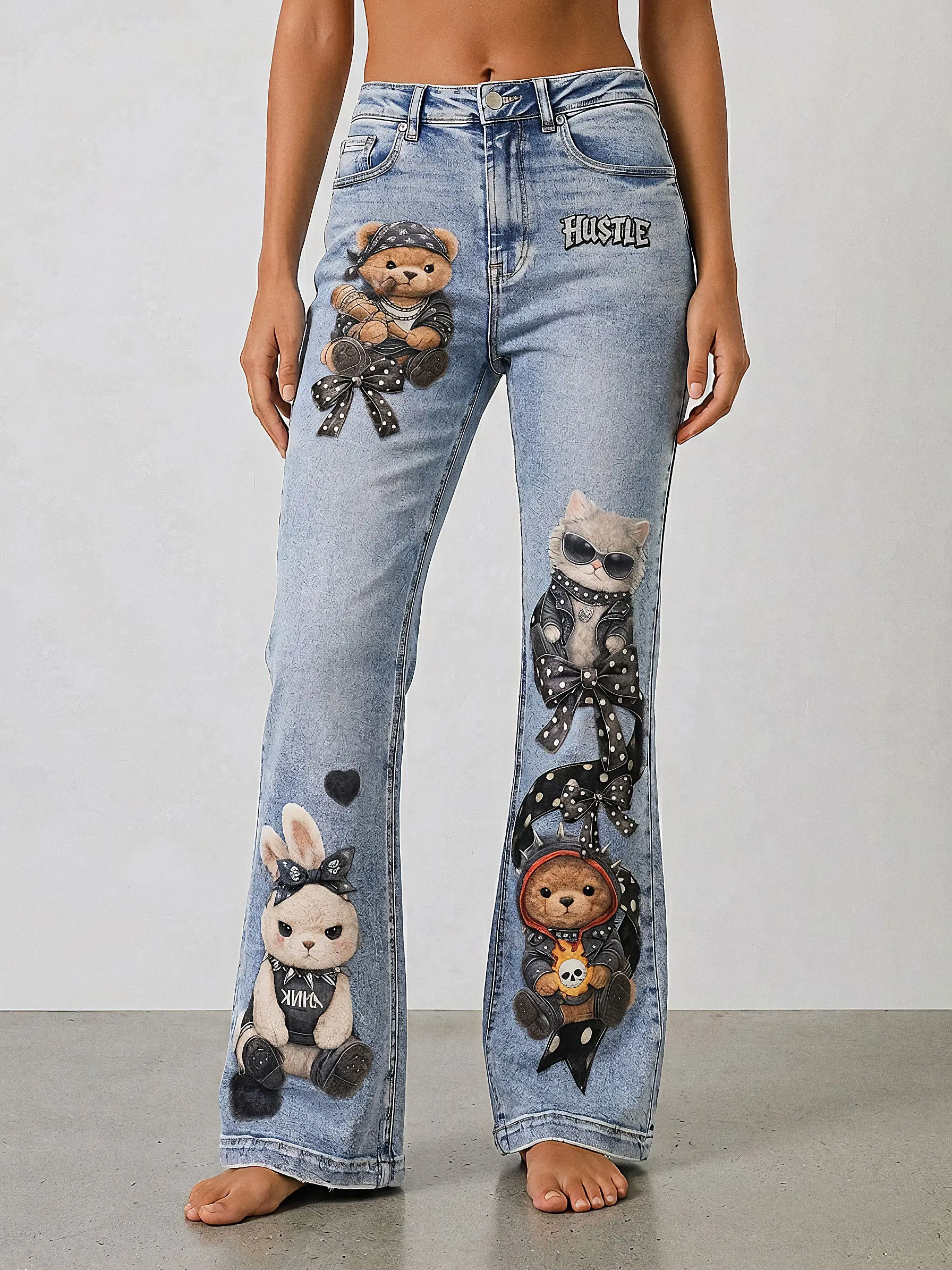 Punk Kawaii Bear Graphic Jeans Y2K Flare High Waisted Denim Pants Cute Goth Ribbon Print Wide Leg Streetwear Women Aesthetic Outfit