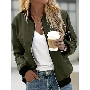 Women’s Casual Zip-Up Jacket with Pockets – Chic Olive Green Bomber Style, Polyester & Spandex Blend, Machine Washable, All-Season Comfort, Stylish Layering Piece | Bomber Jacket | Sleek Olive Green, Zip-Up Jacket
