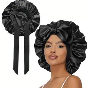 New Double Layer Satin Adjustable Bonnet with Tie Band forSleeping Satin Lined Silk Skin Friendly Bonnets for WomenNatural Curly Hair Ladies' Back to school Gift new color satinbonnet（Black)