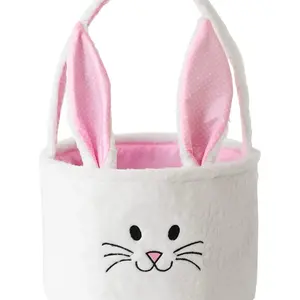Easter Basket for Kids, Fluffy Bunny Easter Baskets for Girls, Easter Gifts Basket with Foldable Ears, Baby Bags for Easter Egg Hunts - 11.8 x 9.5 Inches (Pink or Blue)