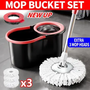 Mop And Bucket Set with 360° Rotatable Mop 3 Microfiber Heads 61-Inch Adjustable Handle Efficient Cleaning Supplies