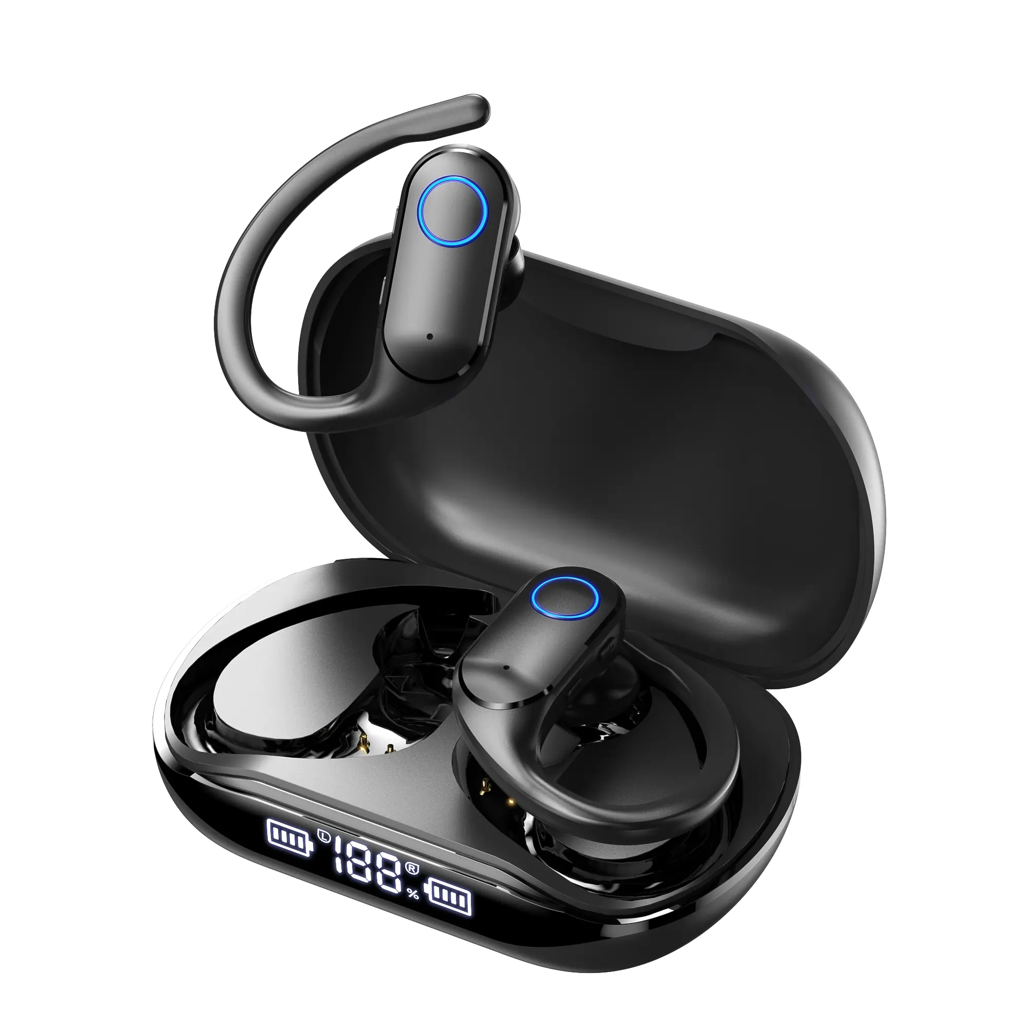 bmani Ear Buds Wireless Earbuds Bluetooth Headphones with 80H Playtime LED Display Case, Over-Ear Hook with Mic, Stereo Sound, Easy Button Controls, Sports Earphones for Running Workout Gym Black