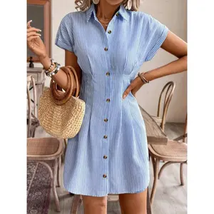 Elegant Striped Short Sleeve A-Line Shirt Dress for Women, High Waist Button-Up Casual Summer Office in Light Pastel, Comfortable Polyester Fabric, French Style, Solid Color, Women's Dress, Waist, Womenswear Batwing Chic Shortsleeve