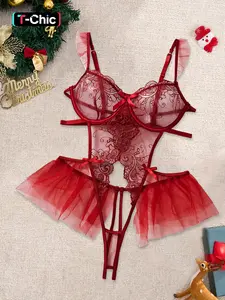 Christmas Sexy Transparent Hot Temptation Women's Bodysuit, Sheer Bow Floral Design, Adjustable Strap, Thin Fabric, Fitted All Seasons Wear, Strappy Lingerie, Underwear, Lingerie Outfits