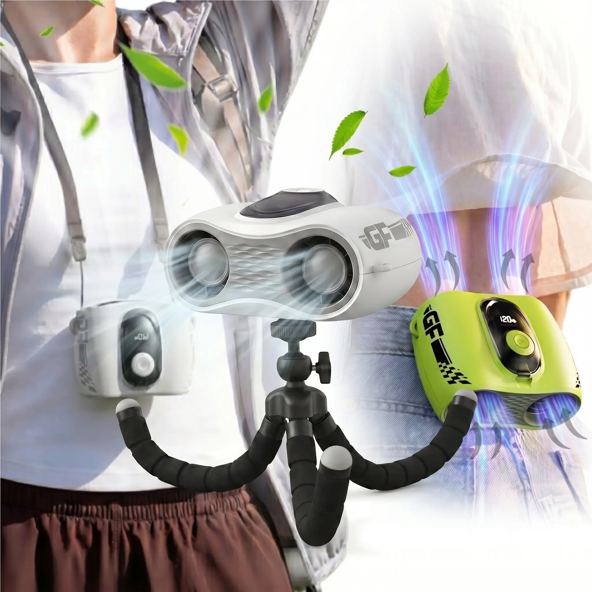 Waist Clip Fan with Neck Lanyard, 120 Speeds Powerful Wearable Fan with Multi-Angle Tripod Bracket, 5200mAh Battery Operated Fan for Construction Workers Delivery Fishing Camping-YY