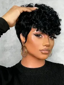 Pixie Cut Curly Textured Wigs for Women Short Layered Pixie Cut Human Hair Wigs With Bangs