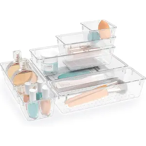 7 PCS Clear Plastic Drawer Organizers Set, 4 Size Desk Drawer Organizer Trays for Makeup, Jewelry, Kitchen Utensils, Gadgets and Office Accessories