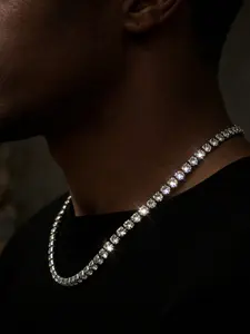 1 piece men's silver glitter rhinestone clustered tennis necklace, hip-hop style imitation crystal necklace, perfect for rap artist looks, essential for streetwear outfits