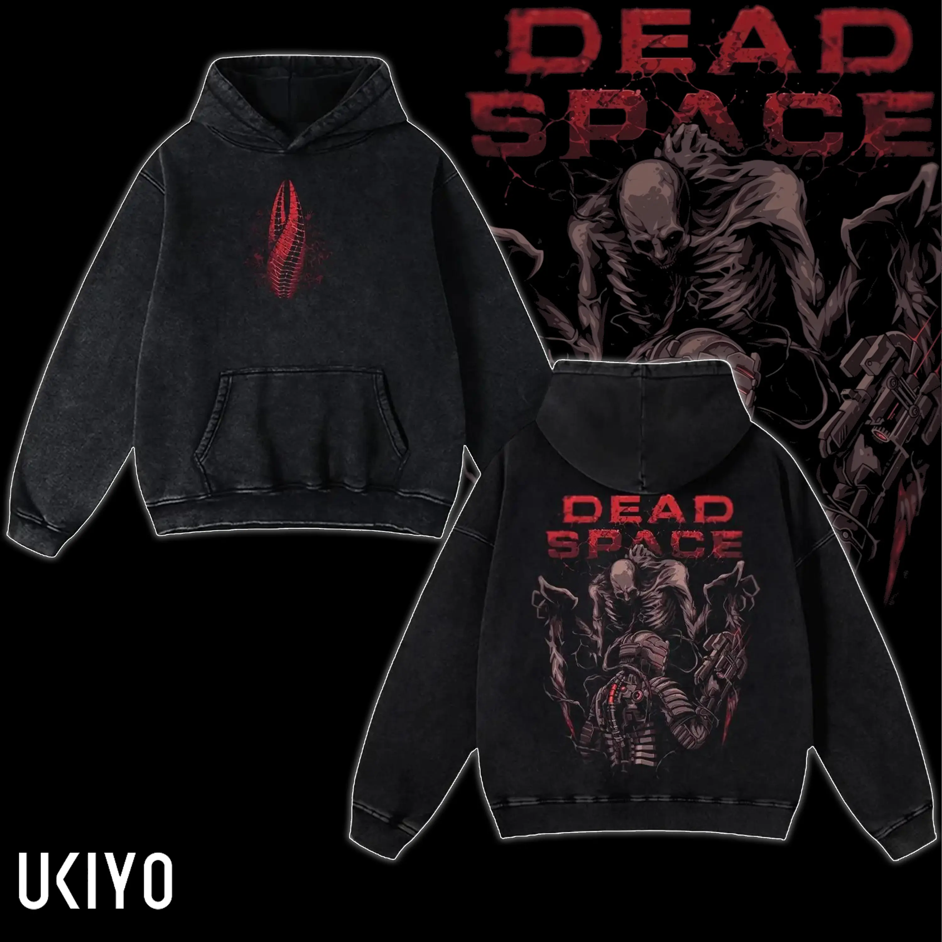 Dead Space Make Us Game Game Acid Washed T-Shirt, 2 sided Printed Unisex Washed Hoodie RPG game merch Cotton Streetwear Top Black Clothes Crewneck Casual Classic Day Menswear Soft Sweatshirts