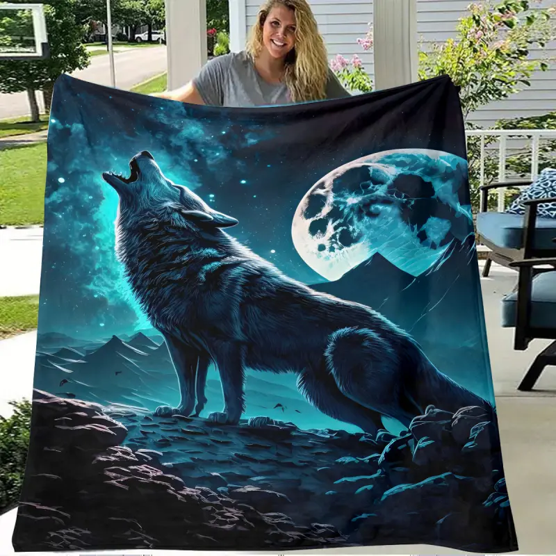 1Pc Bohemian Style HD Printed Flannel Blanket - 39.4x59.1in Soft Polyester, Envelope Stitch, All-Seasons, Multi-Purpose, Anti-Allergen, Hand Wash Only, Wolf Design for Sofa, Bedroom, Gift, 39.37X59.06inch