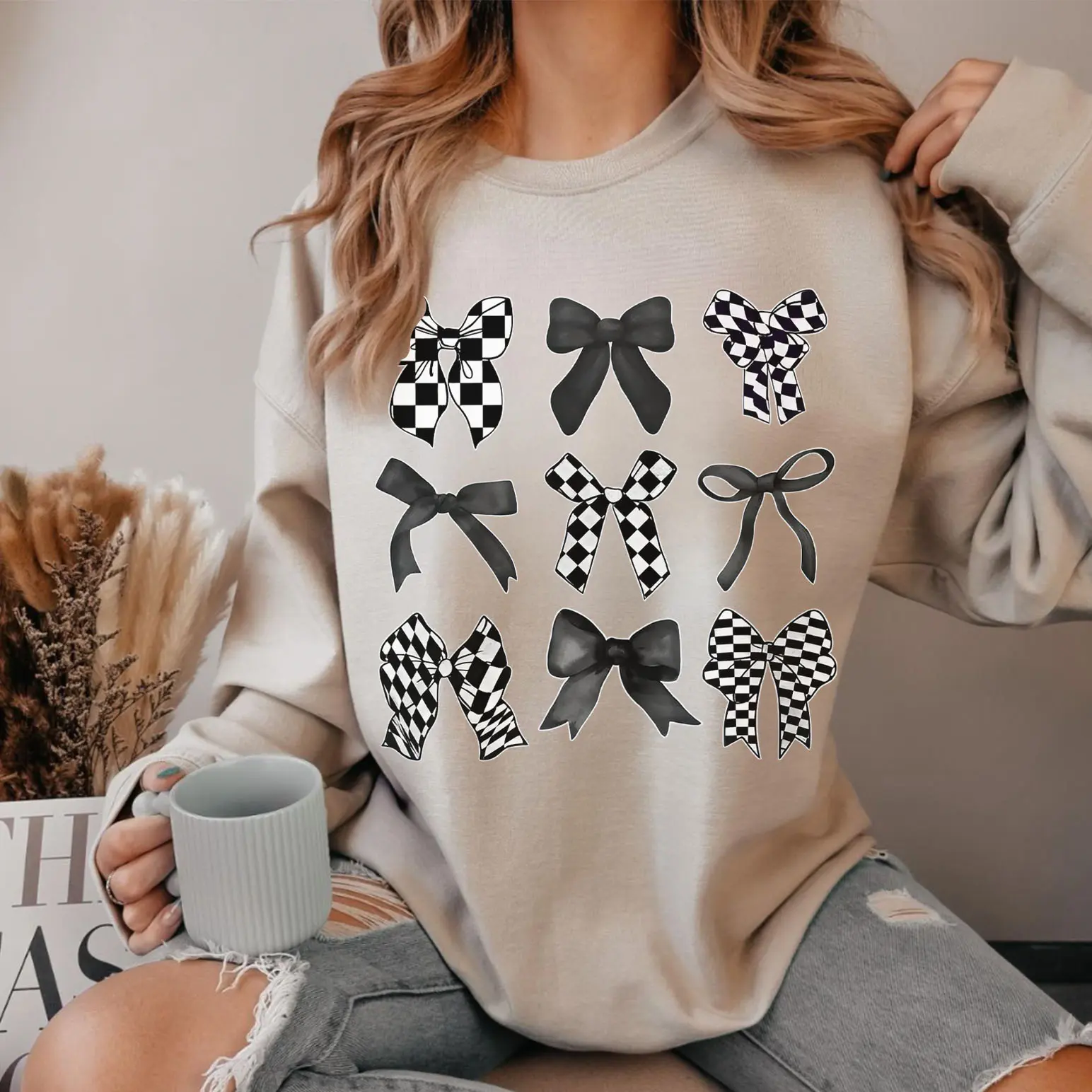Plaid Bow Graphic Sweatshirt for Women - Soft Elevated Casual Pullover, Round Neck Unisex Top with Spandex, Women's Clothes, Fashion, Rib, Fitted, Cotton/Poly, Digital Print, Tear Away Label, No, Fabric, Casual Wear, Cotton Blend, Classic Fit