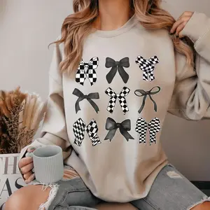 Women's Plaid Black Bow Sweatshirt - Cotton Round Neck, Casual Fit, Unisex Mom Top, Comfortable Fabric Casual Wear