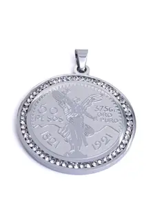 Men's Double-Sided Stainless Steel Centenario Pendant with Clear Stones - Silver & Gold Options - Rhinestone Decorated Jewelry