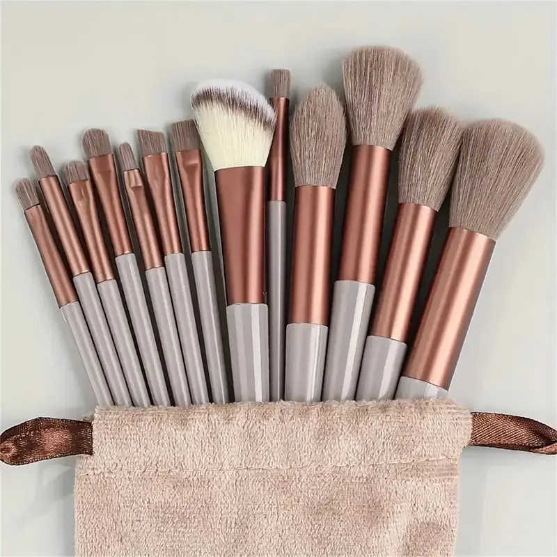 13-Piece Brown and Green Makeup Brush Set, Multi-Use Kit with Soft Bristles for Foundation/Eye Makeup, Beginner Friendly with Storage Bag, Makeup Brushes Set, Full-Face Brush Sets & Kits