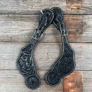 Black Floral Tooled Spur Straps Leather