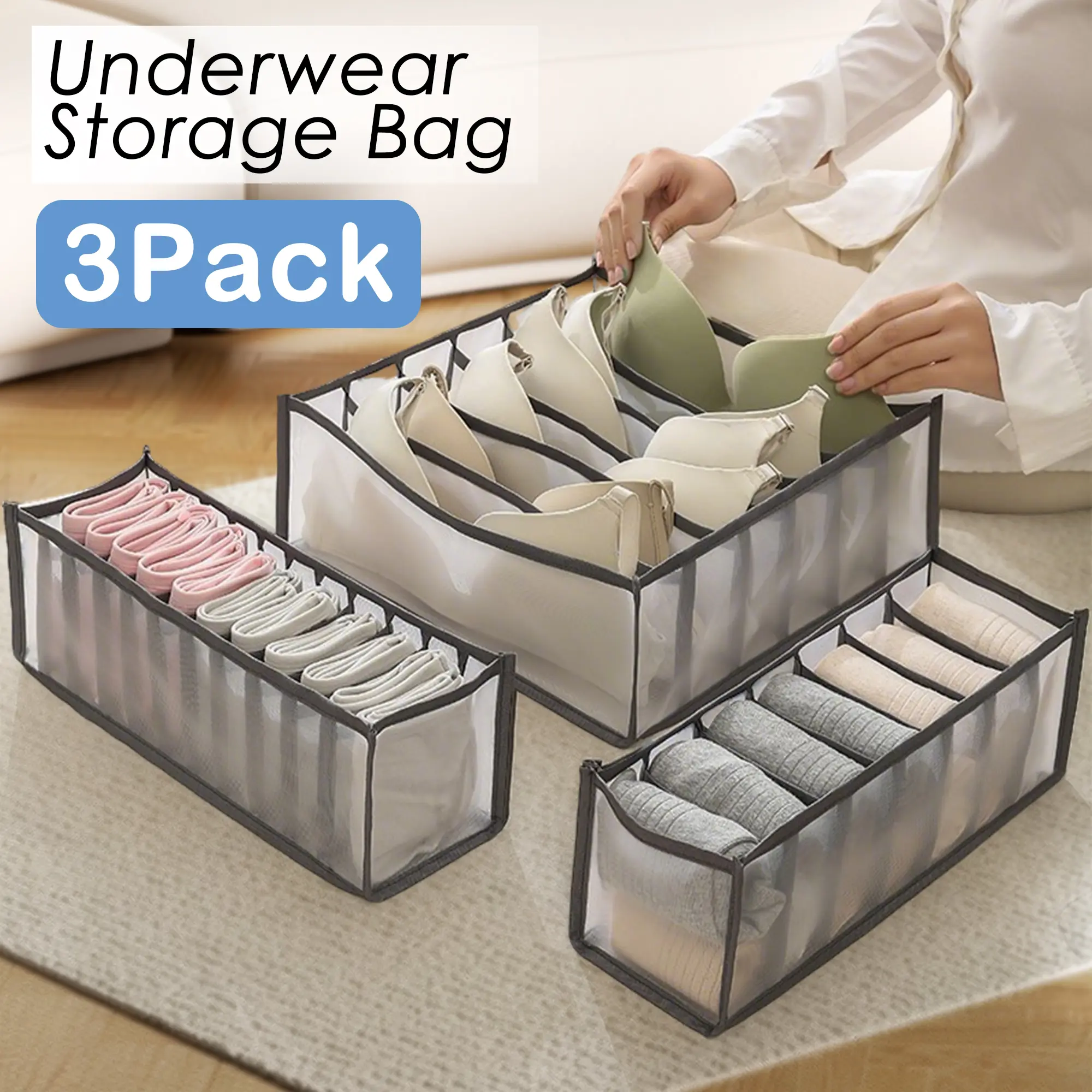 3 Counts Foldable Underwear Organizer, Drawer Organizer Divider Bins for Bras, Socks, Ties, Underwear Storage Box, Protects Items from Dust and Dirt