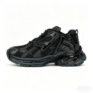 Mens All-Black Chunky Runner Sneakers, Breathable Mesh & Patent Leather Construction for Urban Streetwear