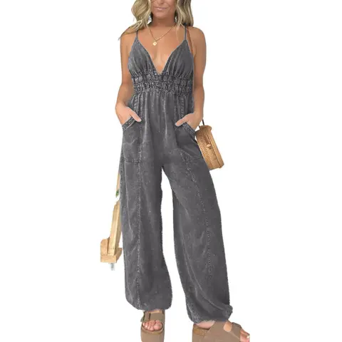 utcoco Women's Retro Cotton Denim Overalls Jumpsuit - Spaghetti Straps, Sleeveless, Deep V-Neck, Adjustable Straps, Elastic Waist, Wide-Leg, Functional Pockets, Casual Lounge-Party Wear