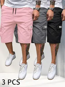 Men's 3-Piece Fitted Matching Shorts Set - Casual Summer Drawstring Color-Mixed Shorts, Lightweight Breathable, Slanted Multipocket, Versatile Everyday Beach Gym Wear Brown, Black, Green, Pink, Color-Mixed Men's Shorts, Fitted Men's Shorts