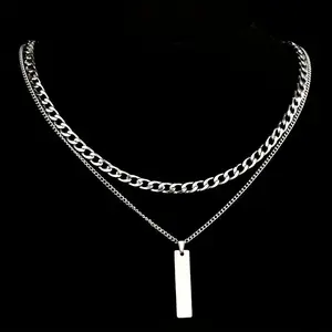 2pcs Men'S 201 201 201 201 Stainless Steel Necklace Set, Double Layer Simple Rectangular Pendant Necklace, Suitable for Daily Wear and, Christmas, New Year, Valentine'S Day Holiday