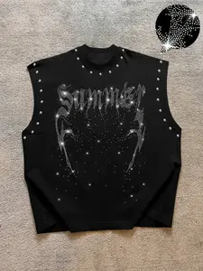 Men's Casual Vest with Embroidered Letters and Rhinestones, Fitted Skin-Friendly Fabric, Fashionable Streetwear for Trendy Guys, Tank Top