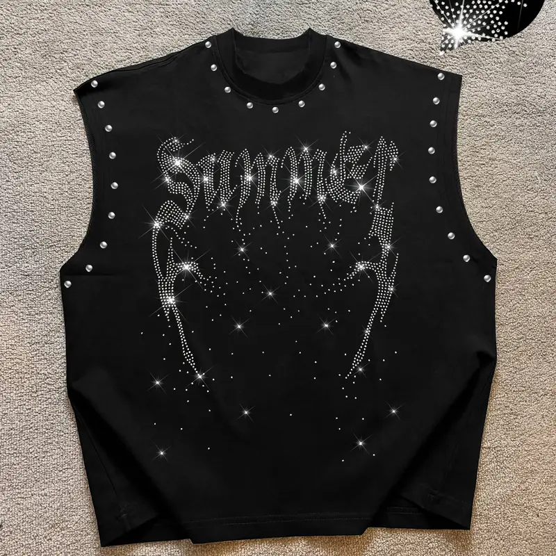 Men's Casual Graphic Sleeveless Sparkly Glitter Vest with Rhinestone Letters and Abstract Contour Print, Comfortable Regular Fit, Fashion Versatile, Street Style, Streetwear Tank Vest