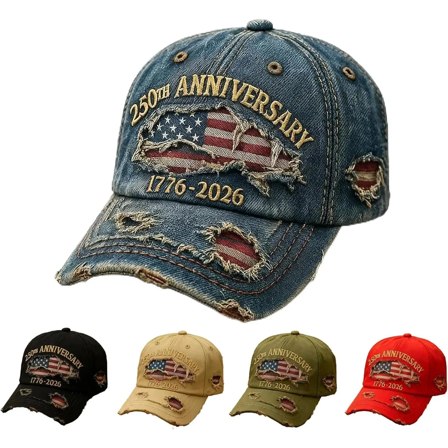Patriotic Vintage Distressed Denim Baseball Cap with Embroidered American Flag - USA 250th Anniversary (1776-2026) Heritage Tribute, All Seasons, Meaningful Holiday Gift for Independence Day, Freedom Symbol, Powerful Symbolism, Embroidered Patch