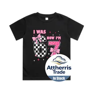 7th Birthday Girl I was 6 Now I'm 7 Coquette Bow Bday Party Cotton T-shirt, Graphic Print Round Neck Short Sleeve Casual Tee for Boys Girls