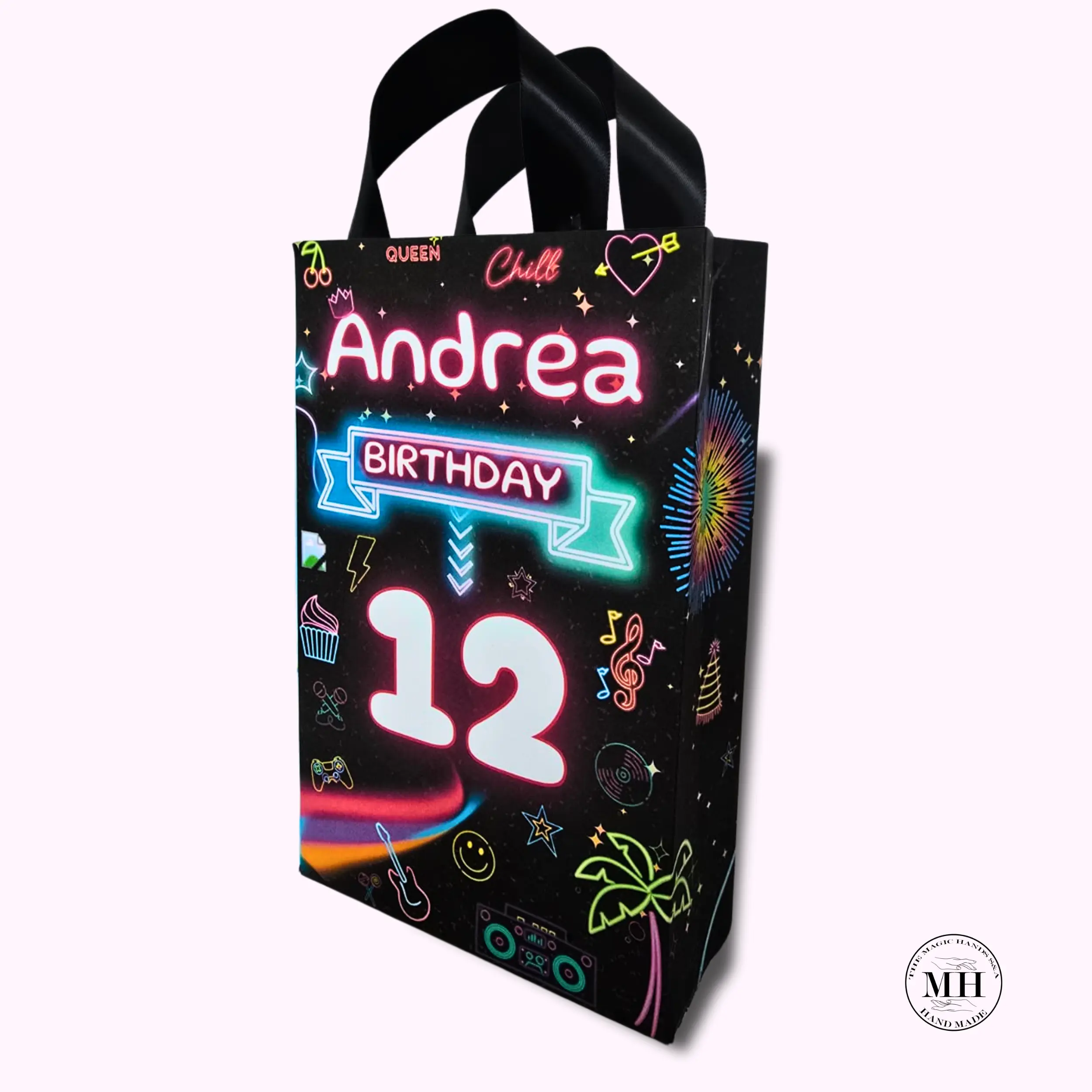 Colorful Vibrant Glow-in-the-Dark Customizable Child Party Gift Bag Set (12 Count) - Personalized with Name & Age, 8.5in x 5.5in, Ribbon Handles, Handmade Festive Home & Birthday Party Supplies
