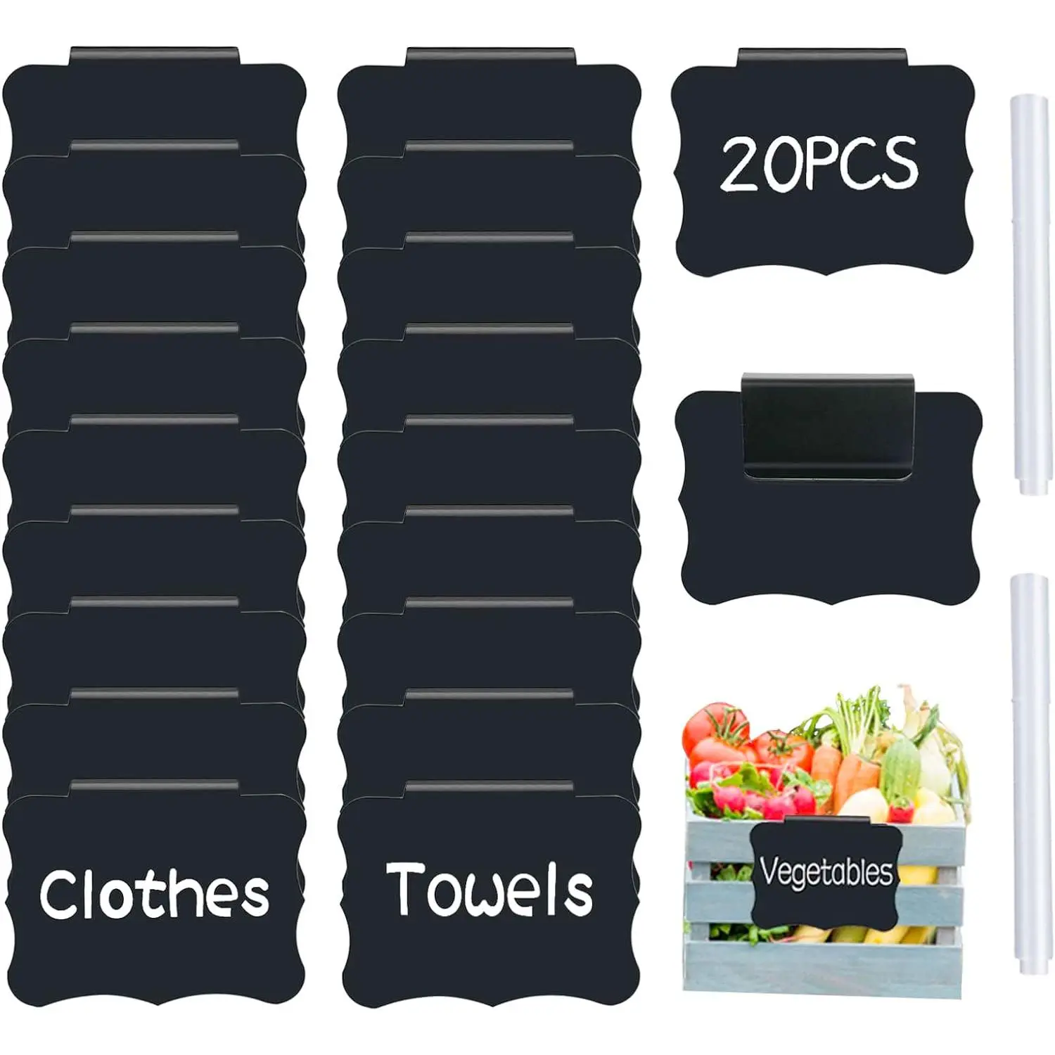 Clip-On Storage Bin Labels, PVC Chalkboard Labeling Holder for Home/Office Closets & Baskets with 2 White Chalk Labels
