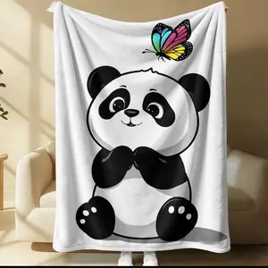 Cute Panda & Rainbow Butterfly Flannel Blanket, Ultra-Soft Cozy Fluffy Blanket, Perfect Gift for Bedroom Living Room Decor, Children Birthday Gifts