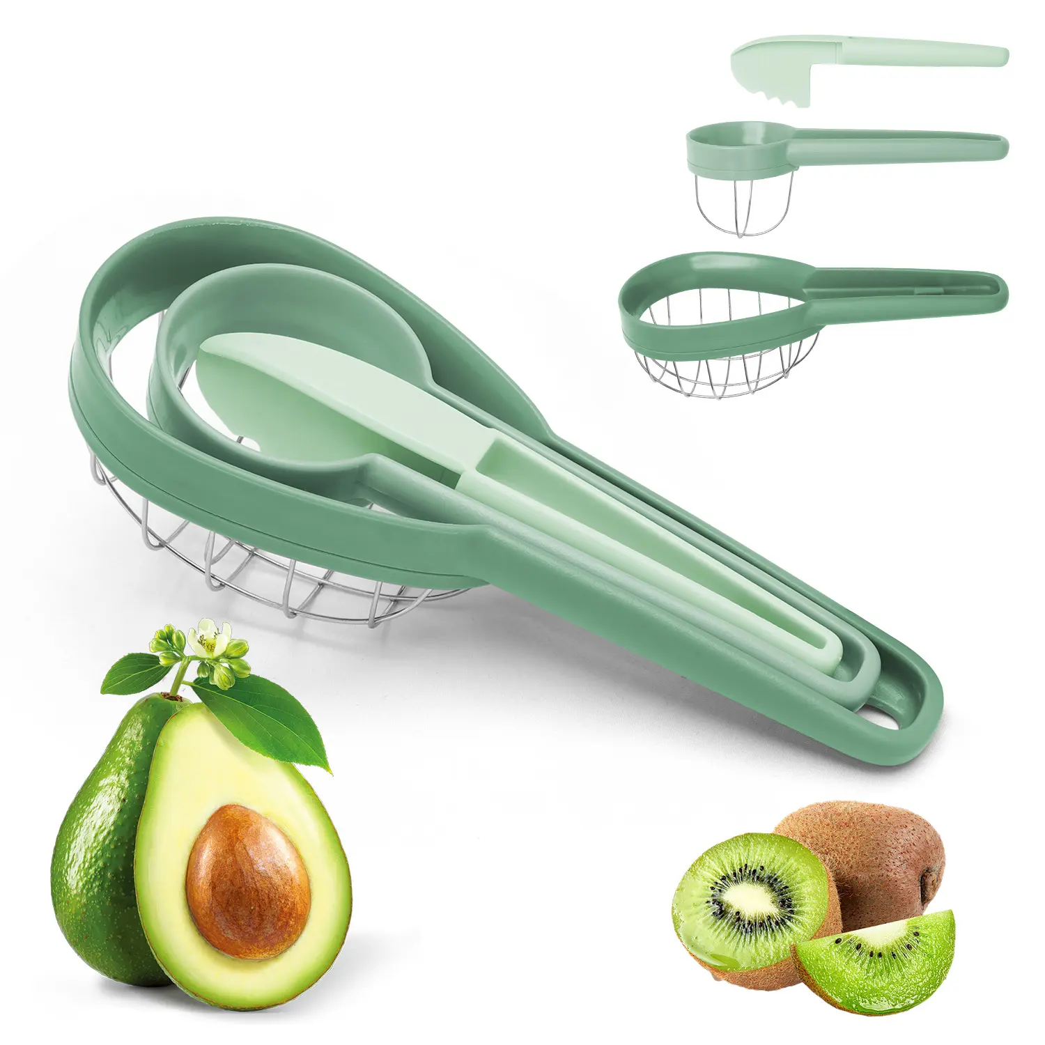 3 in 1 Avocado Slicer Tool Set, Green Multi-Function Fruit Cutter with Pit Remover, Dicer Slicer & Scoop Spoon, Stainless Steel Wire Fruit Cutting Tool for Avocado Kiwi Mango Banana Dragon Fruit Egg Home Kitchen Salad Prep