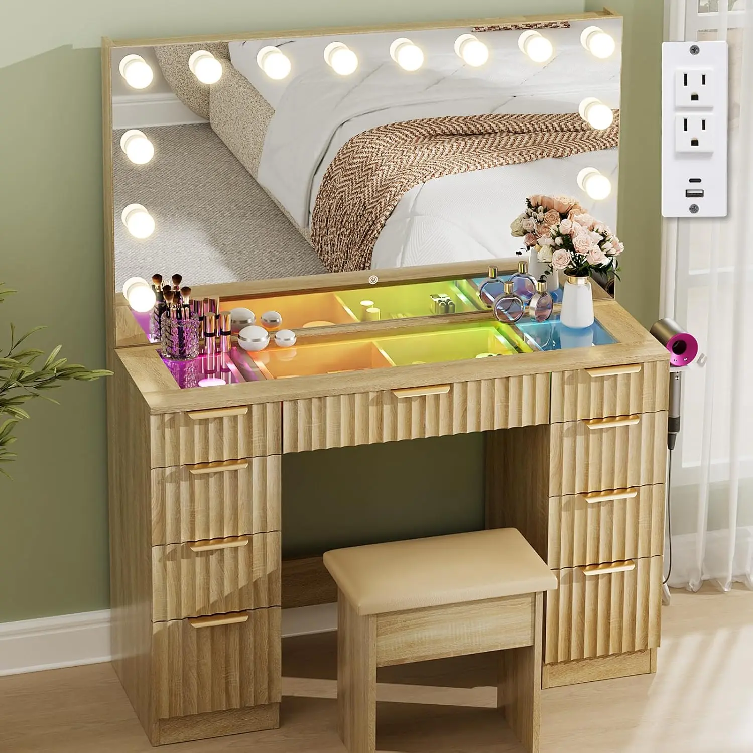 VOWNER Vanity with Mirror and Lights, 43" Makeup Vanity Desk with LED Light, Glass Top Vanity with RGB Drawers, 3 Color Lighting Modes Adjustable Brightness, Makeup Table for Bedroom